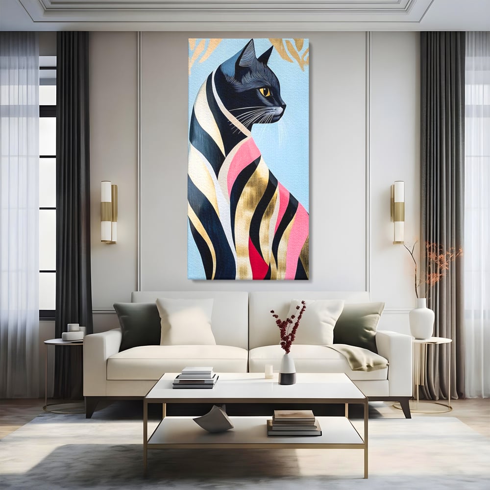 Tablou canvas cu tablou canvas cu pisica neagra stilizata, fara rama, pe sasiu de lemn, pe perete intr-un living